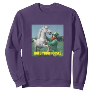Funny Leprechaun Hold Your Horse Sweatshirt Unicorn St Patrick's Day TS02 Purple Print Your Wear