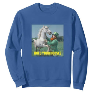 Funny Leprechaun Hold Your Horse Sweatshirt Unicorn St Patrick's Day TS02 Royal Blue Print Your Wear