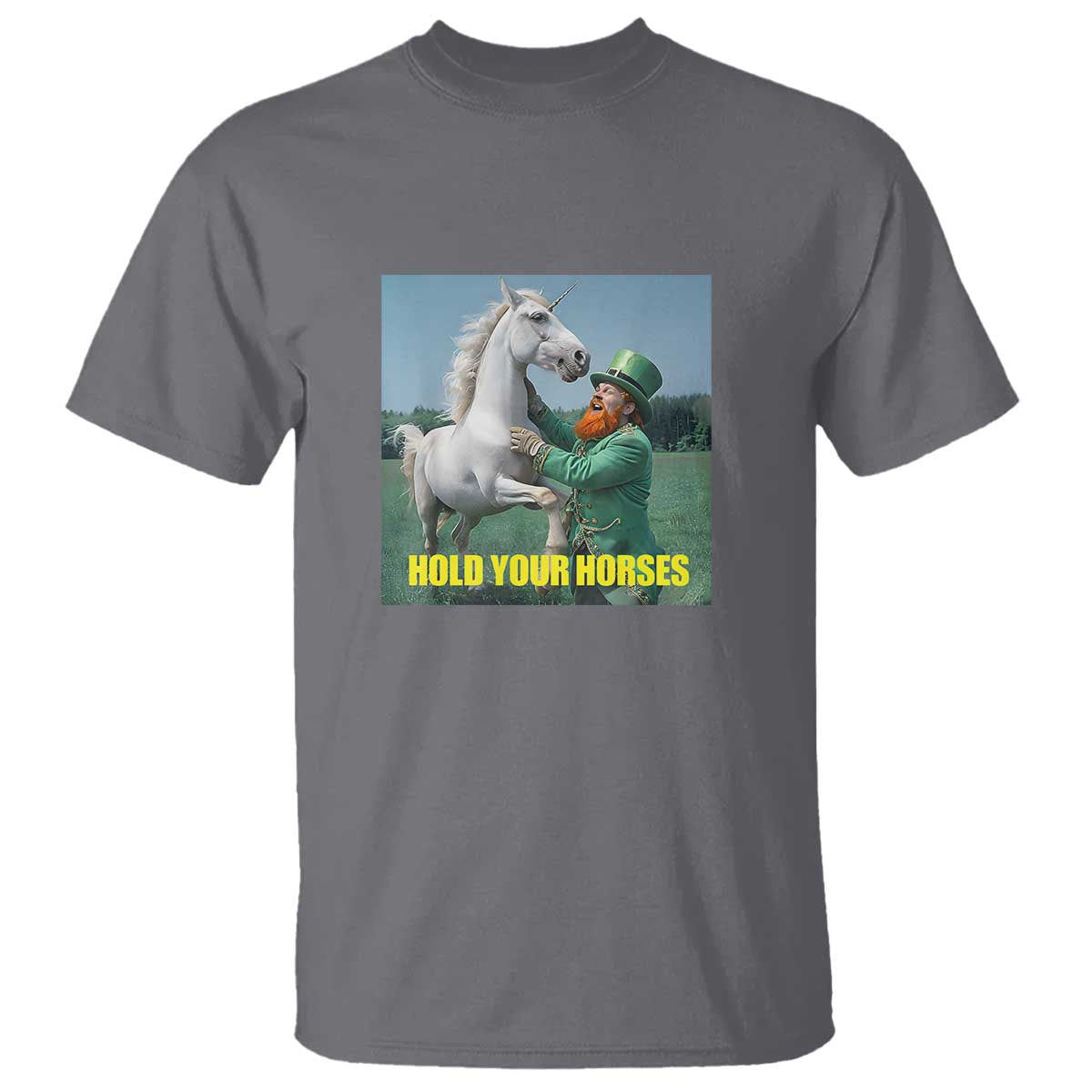 Funny Leprechaun Hold Your Horse T Shirt Unicorn St Patrick's Day TS02 Charcoal Print Your Wear