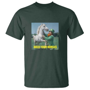 Funny Leprechaun Hold Your Horse T Shirt Unicorn St Patrick's Day TS02 Dark Forest Green Print Your Wear