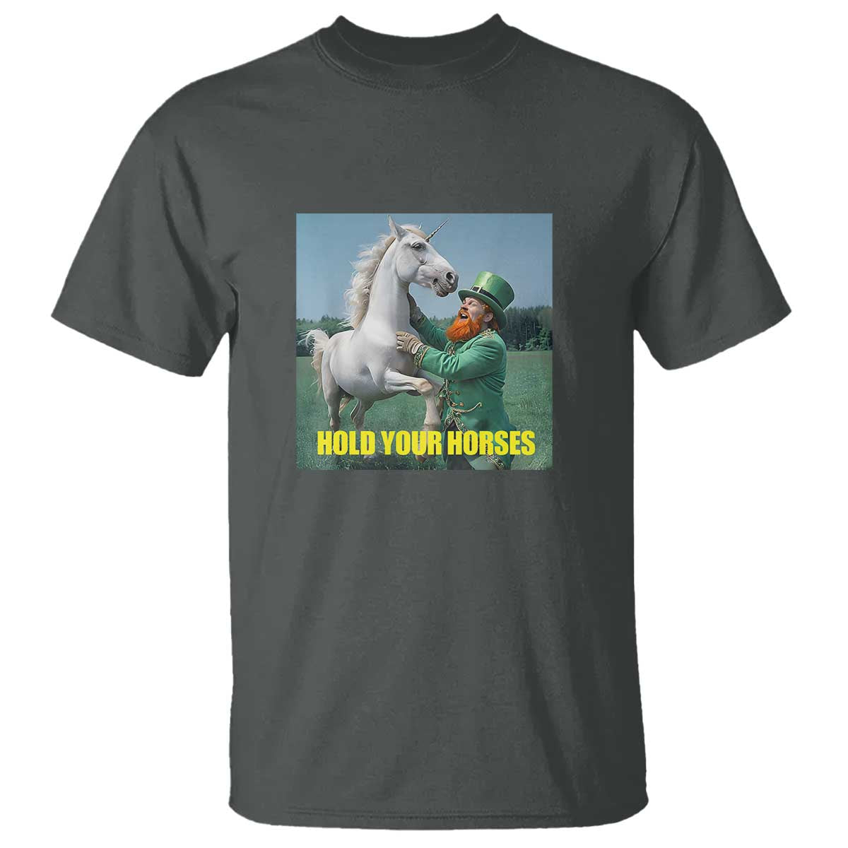 Funny Leprechaun Hold Your Horse T Shirt Unicorn St Patrick's Day TS02 Dark Heather Print Your Wear