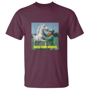 Funny Leprechaun Hold Your Horse T Shirt Unicorn St Patrick's Day TS02 Maroon Print Your Wear