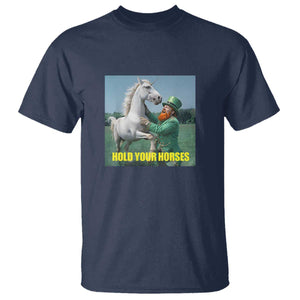 Funny Leprechaun Hold Your Horse T Shirt Unicorn St Patrick's Day TS02 Navy Print Your Wear