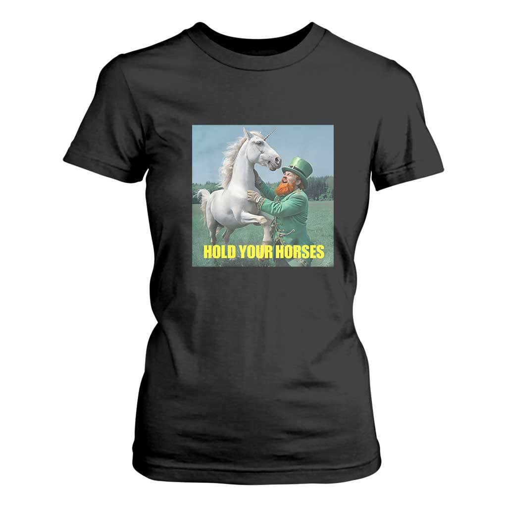 Funny Leprechaun Hold Your Horse T Shirt For Women Unicorn St Patrick's Day TS02 Black Print Your Wear