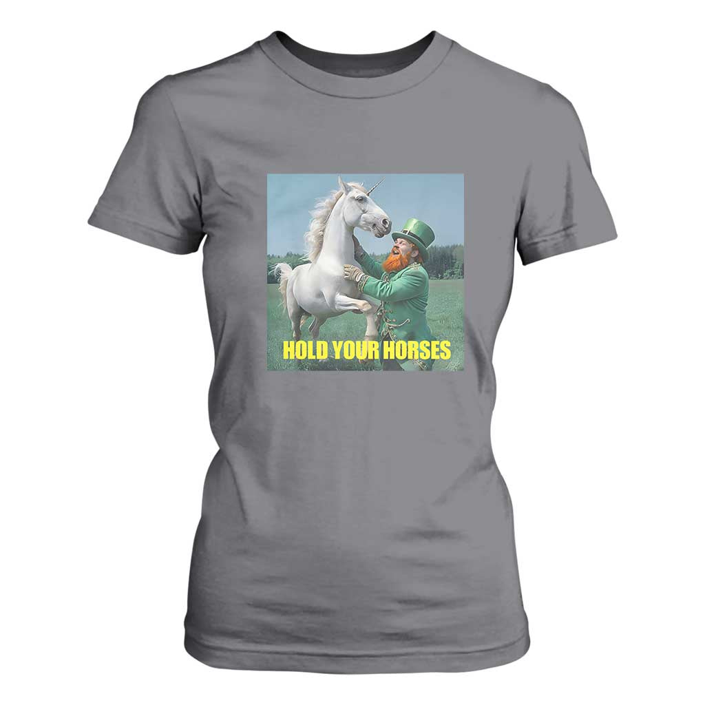 Funny Leprechaun Hold Your Horse T Shirt For Women Unicorn St Patrick's Day TS02 Charcoal Print Your Wear