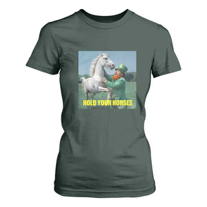 Funny Leprechaun Hold Your Horse T Shirt For Women Unicorn St Patrick's Day TS02 Dark Forest Green Print Your Wear