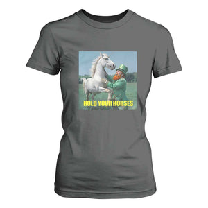 Funny Leprechaun Hold Your Horse T Shirt For Women Unicorn St Patrick's Day TS02 Dark Heather Print Your Wear