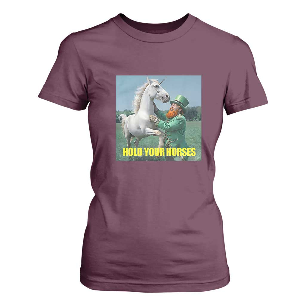 Funny Leprechaun Hold Your Horse T Shirt For Women Unicorn St Patrick's Day TS02 Maroon Print Your Wear