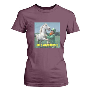 Funny Leprechaun Hold Your Horse T Shirt For Women Unicorn St Patrick's Day TS02 Maroon Print Your Wear