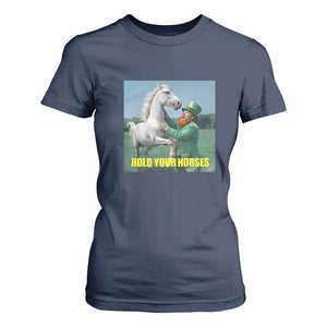 Funny Leprechaun Hold Your Horse T Shirt For Women Unicorn St Patrick's Day TS02 Navy Print Your Wear