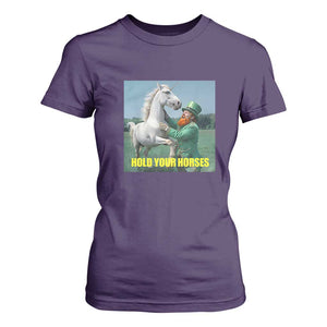 Funny Leprechaun Hold Your Horse T Shirt For Women Unicorn St Patrick's Day TS02 Purple Print Your Wear