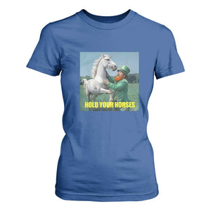 Funny Leprechaun Hold Your Horse T Shirt For Women Unicorn St Patrick's Day TS02 Royal Blue Print Your Wear