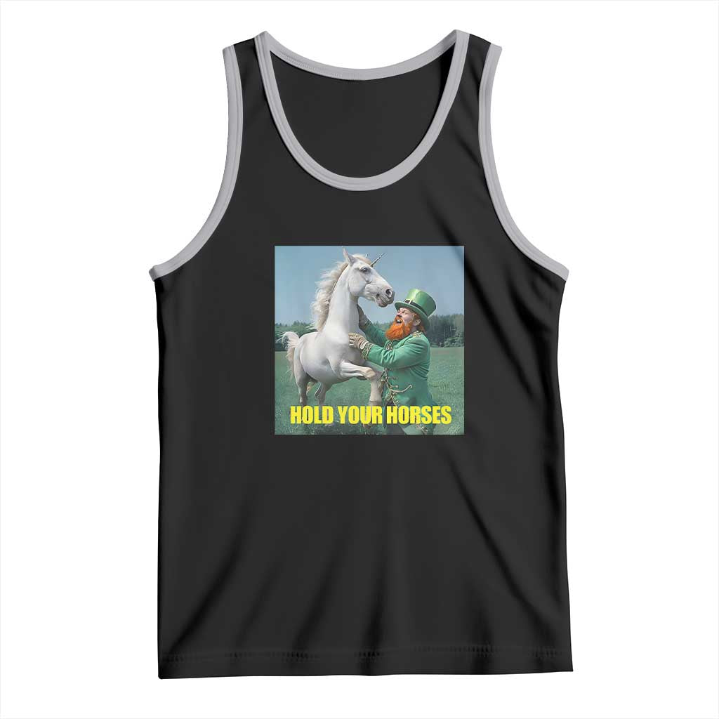 Funny Leprechaun Hold Your Horse Tank Top Unicorn St Patrick's Day TS02 Black Athletic Heather Print Your Wear
