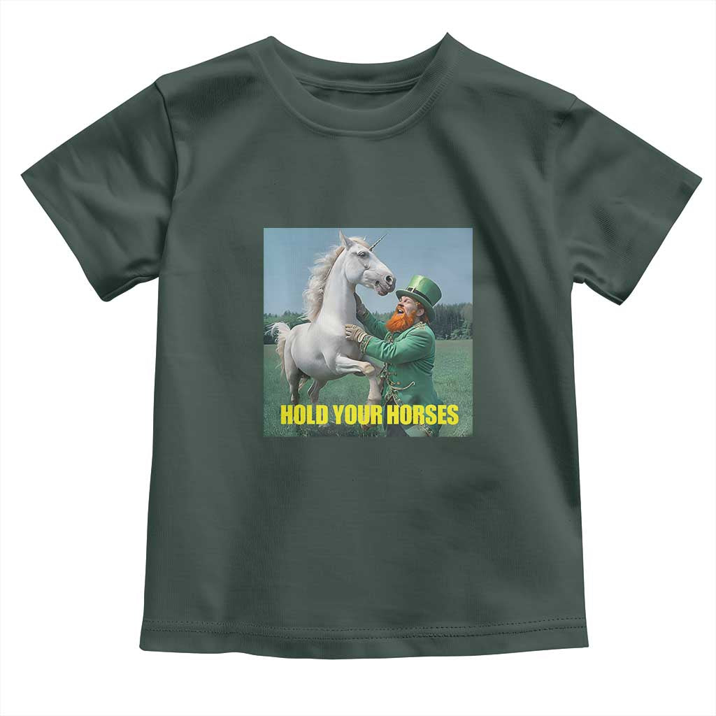 Funny Leprechaun Hold Your Horse Toddler T Shirt Unicorn St Patrick's Day TS02 Dark Forest Green Print Your Wear