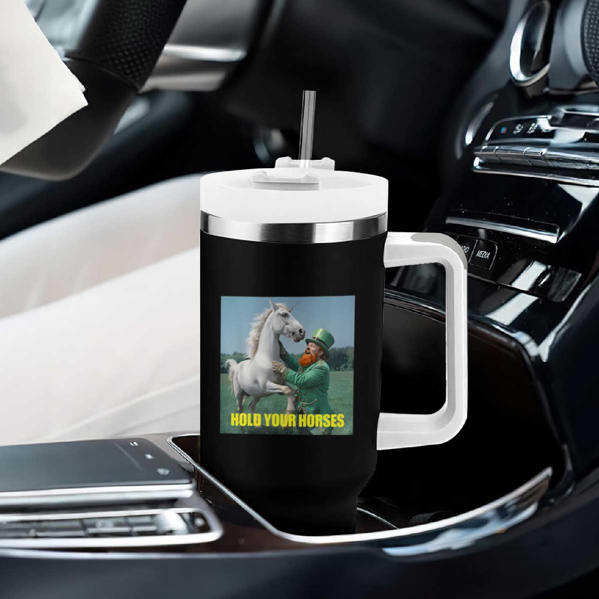 Funny Leprechaun Hold Your Horse Tumbler With Handle Unicorn St Patrick's Day TS02 Print Your Wear
