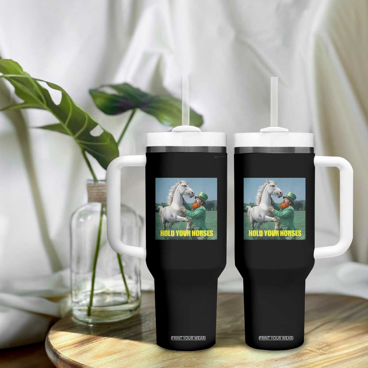 Funny Leprechaun Hold Your Horse Tumbler With Handle Unicorn St Patrick's Day TS02 Print Your Wear