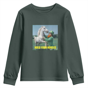Funny Leprechaun Hold Your Horse Youth Sweatshirt Unicorn St Patrick's Day TS02 Dark Forest Green Print Your Wear