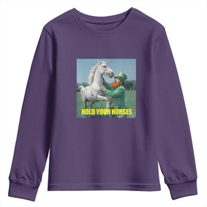 Funny Leprechaun Hold Your Horse Youth Sweatshirt Unicorn St Patrick's Day TS02 Purple Print Your Wear