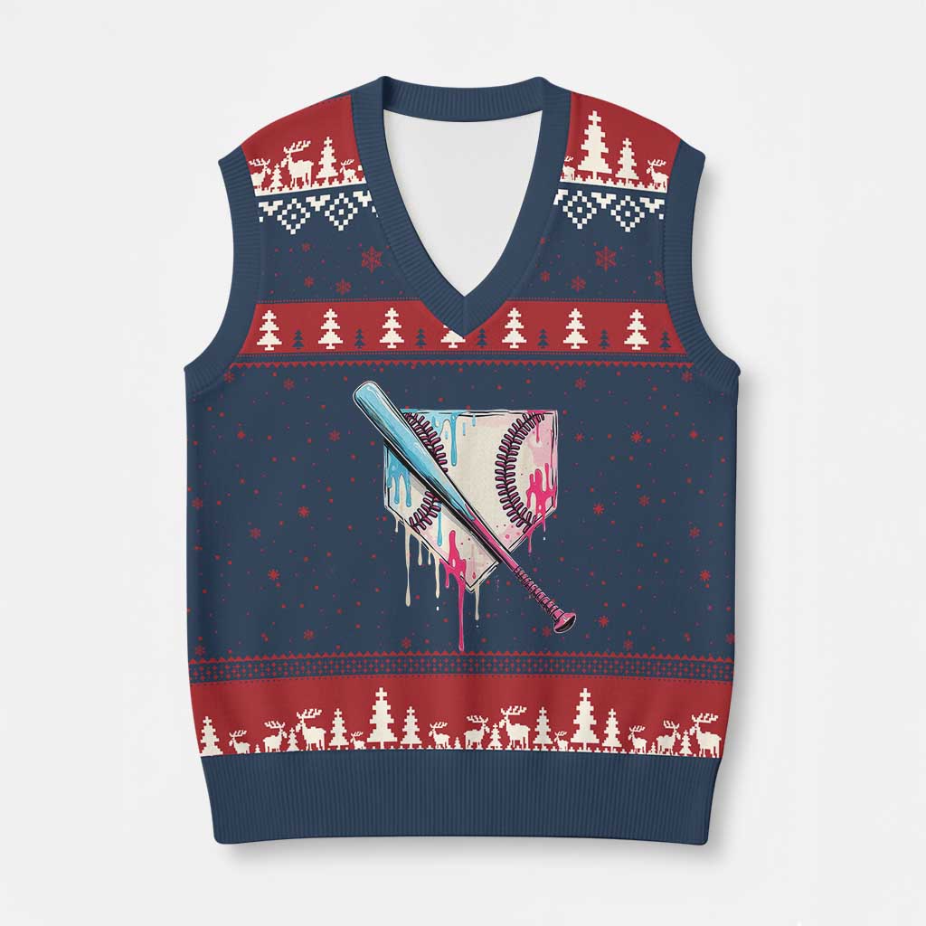 Baseball Home Plate Drip With Sprinkles V-Neck Knit Sweater Vest TS02 Navy Red Print Your Wear