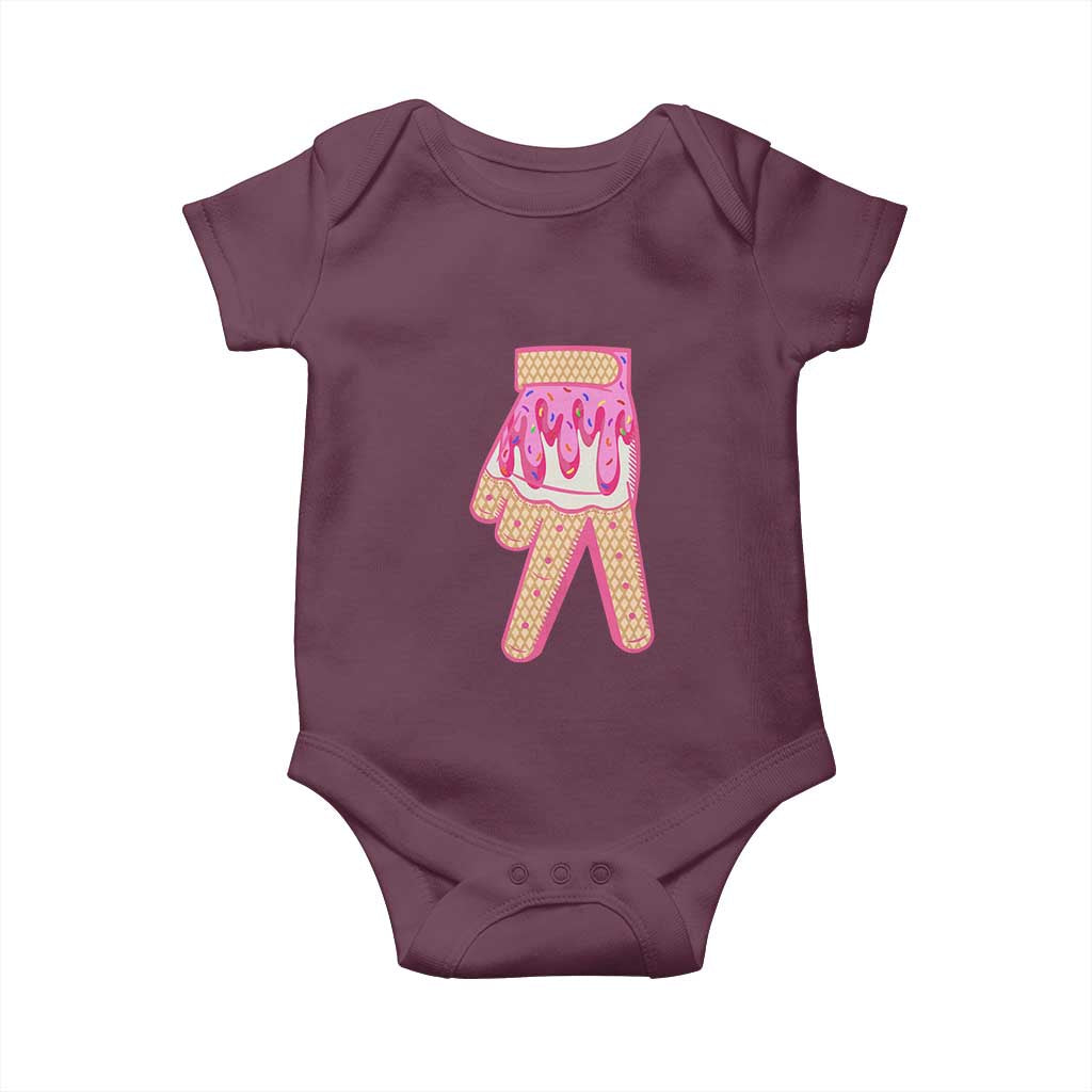Pink Ice Cream Baseball Glove Sprinkles Drip Baby Onesie Funny V Sign TS02 Maroon Print Your Wear