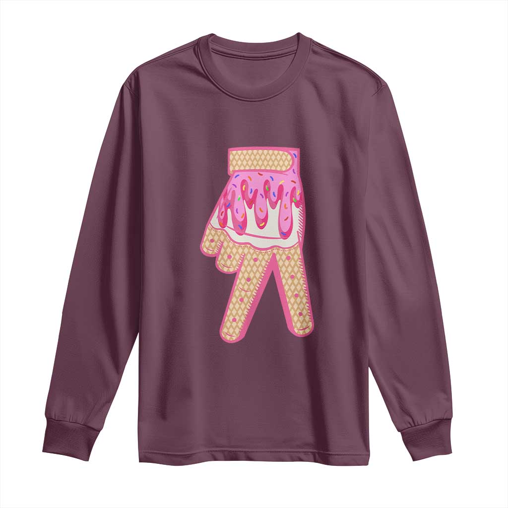 Pink Ice Cream Baseball Glove Sprinkles Drip Long Sleeve Shirt Funny V Sign TS02 Maroon Print Your Wear