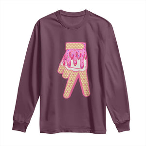 Pink Ice Cream Baseball Glove Sprinkles Drip Long Sleeve Shirt Funny V Sign TS02 Maroon Print Your Wear