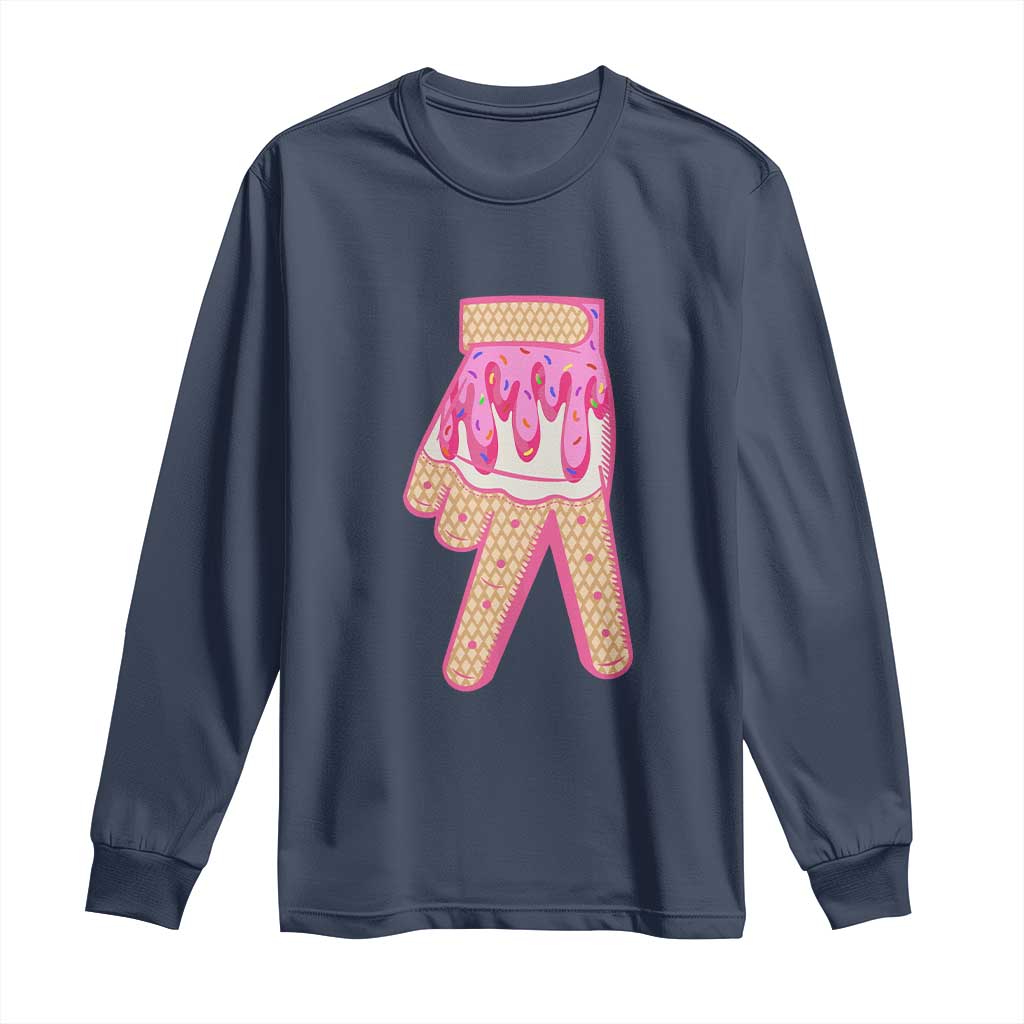 Pink Ice Cream Baseball Glove Sprinkles Drip Long Sleeve Shirt Funny V Sign TS02 Navy Print Your Wear