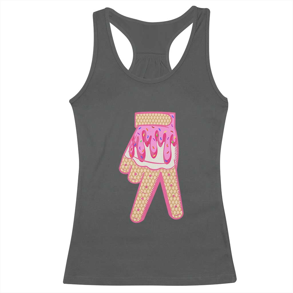 Pink Ice Cream Baseball Glove Sprinkles Drip Racerback Tank Top Funny V Sign TS02 Dark Heather Print Your Wear