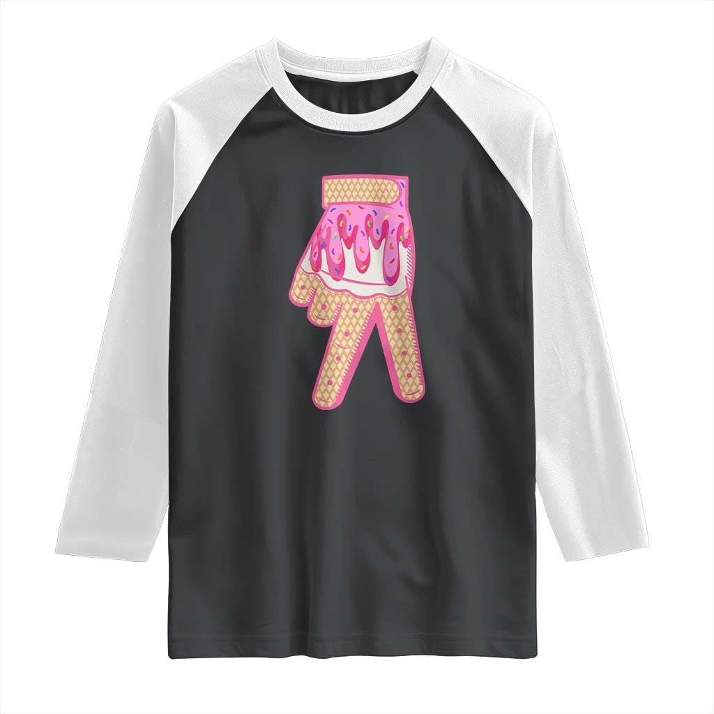 Pink Ice Cream Baseball Glove Sprinkles Drip Raglan Shirt Funny V Sign TS02 Black White Print Your Wear