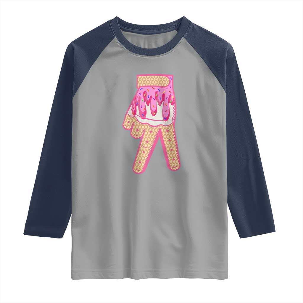 Pink Ice Cream Baseball Glove Sprinkles Drip Raglan Shirt Funny V Sign TS02 Sport Gray Navy Print Your Wear