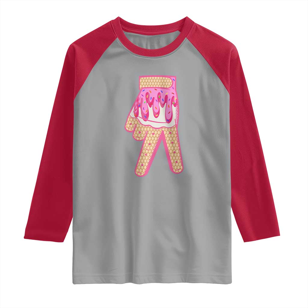 Pink Ice Cream Baseball Glove Sprinkles Drip Raglan Shirt Funny V Sign TS02 Sport Gray Red Print Your Wear