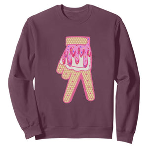 Pink Ice Cream Baseball Glove Sprinkles Drip Sweatshirt Funny V Sign TS02 Maroon Print Your Wear