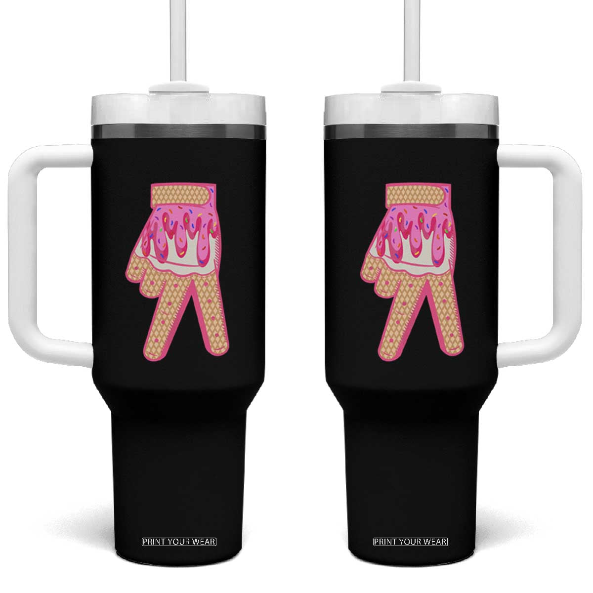 Pink Ice Cream Baseball Glove Sprinkles Drip Tumbler With Handle Funny V Sign TS02 One Size: 40 oz Black Print Your Wear