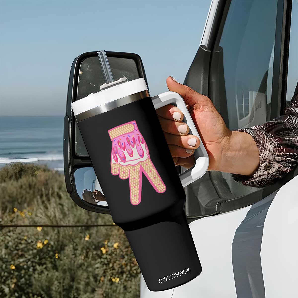 Pink Ice Cream Baseball Glove Sprinkles Drip Tumbler With Handle Funny V Sign TS02 Print Your Wear