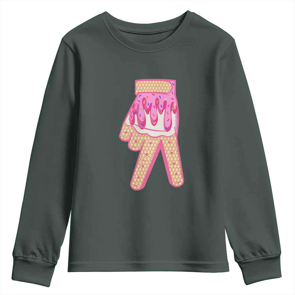 Pink Ice Cream Baseball Glove Sprinkles Drip Youth Sweatshirt Funny V Sign TS02 Dark Forest Green Print Your Wear
