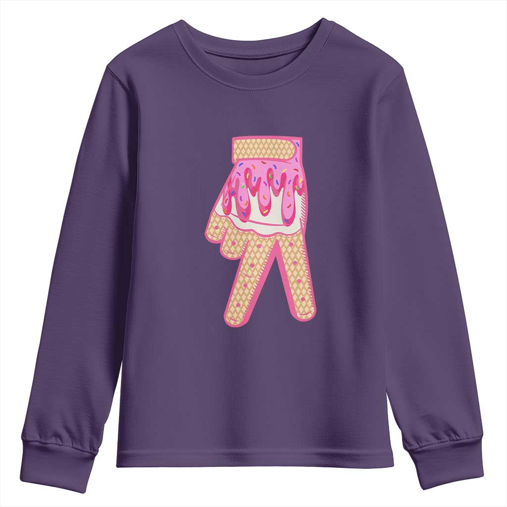 Pink Ice Cream Baseball Glove Sprinkles Drip Youth Sweatshirt Funny V Sign TS02 Purple Print Your Wear