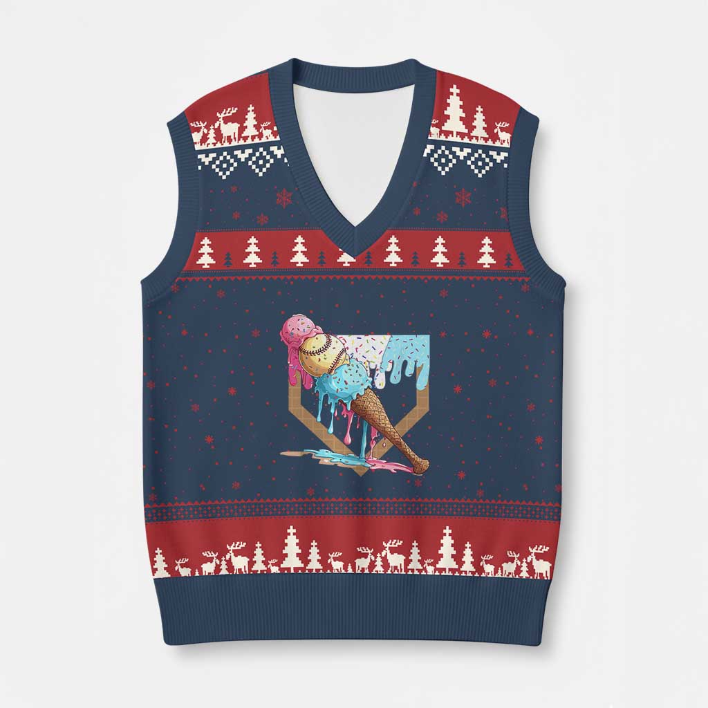 Baseball Home Ice Cream Dripping V-Neck Knit Sweater Vest TS02 Navy Red Print Your Wear