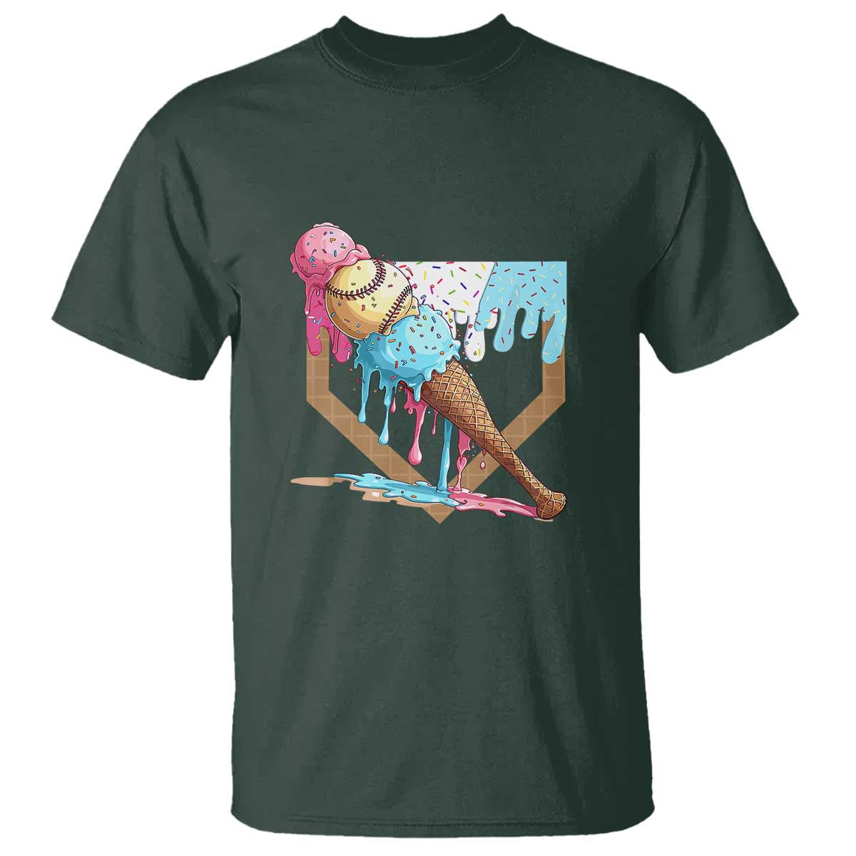 Baseball Home Ice Cream Dripping T Shirt TS02 Dark Forest Green Print Your Wear