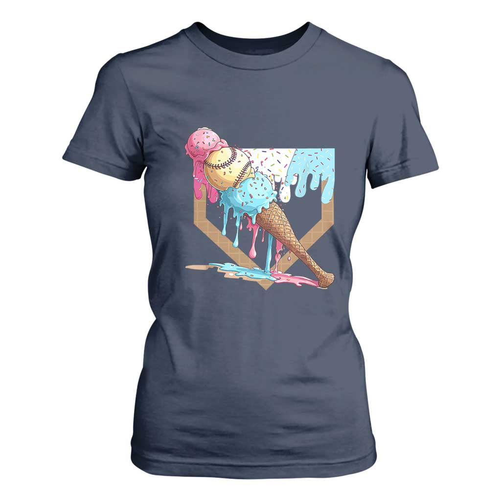 Baseball Home Ice Cream Dripping T Shirt For Women TS02 Navy Print Your Wear