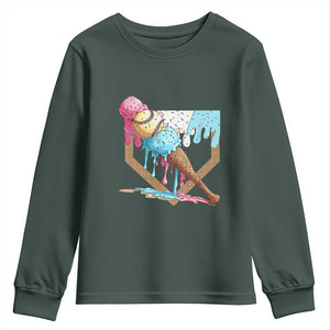 Baseball Home Ice Cream Dripping Youth Sweatshirt TS02 Dark Forest Green Print Your Wear