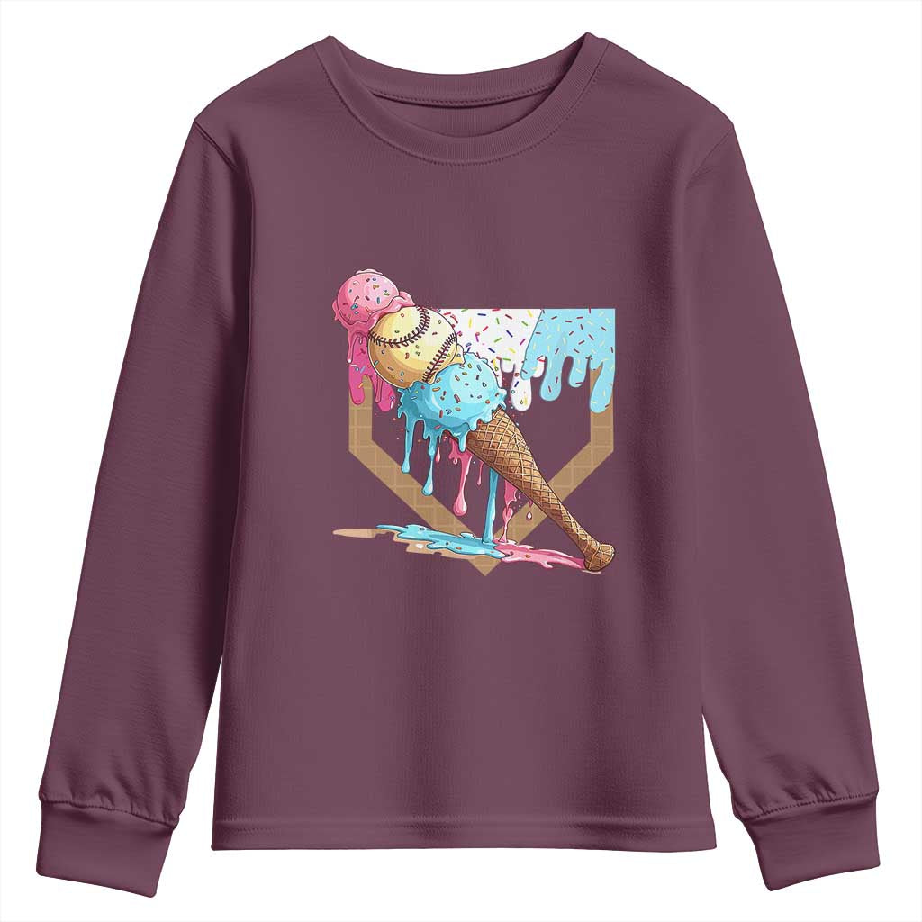 Baseball Home Ice Cream Dripping Youth Sweatshirt TS02 Maroon Print Your Wear