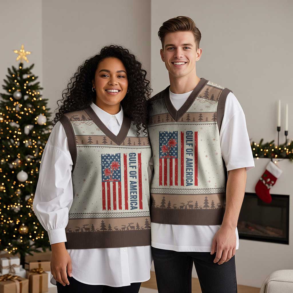 Funny Gulf Of US America Est 2025 V-Neck Knit Sweater Vest USA American Flag TS02 Mocha Mousse Print Your Wear