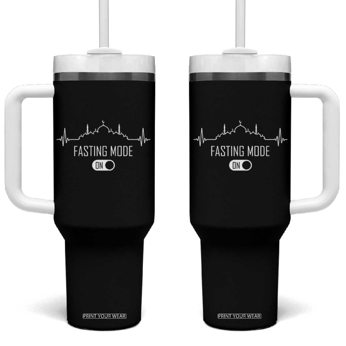 Happy Ramadan Islamic Tumbler With Handle Fasting Mode Is On Muslim TS02 One Size: 40 oz Black Print Your Wear