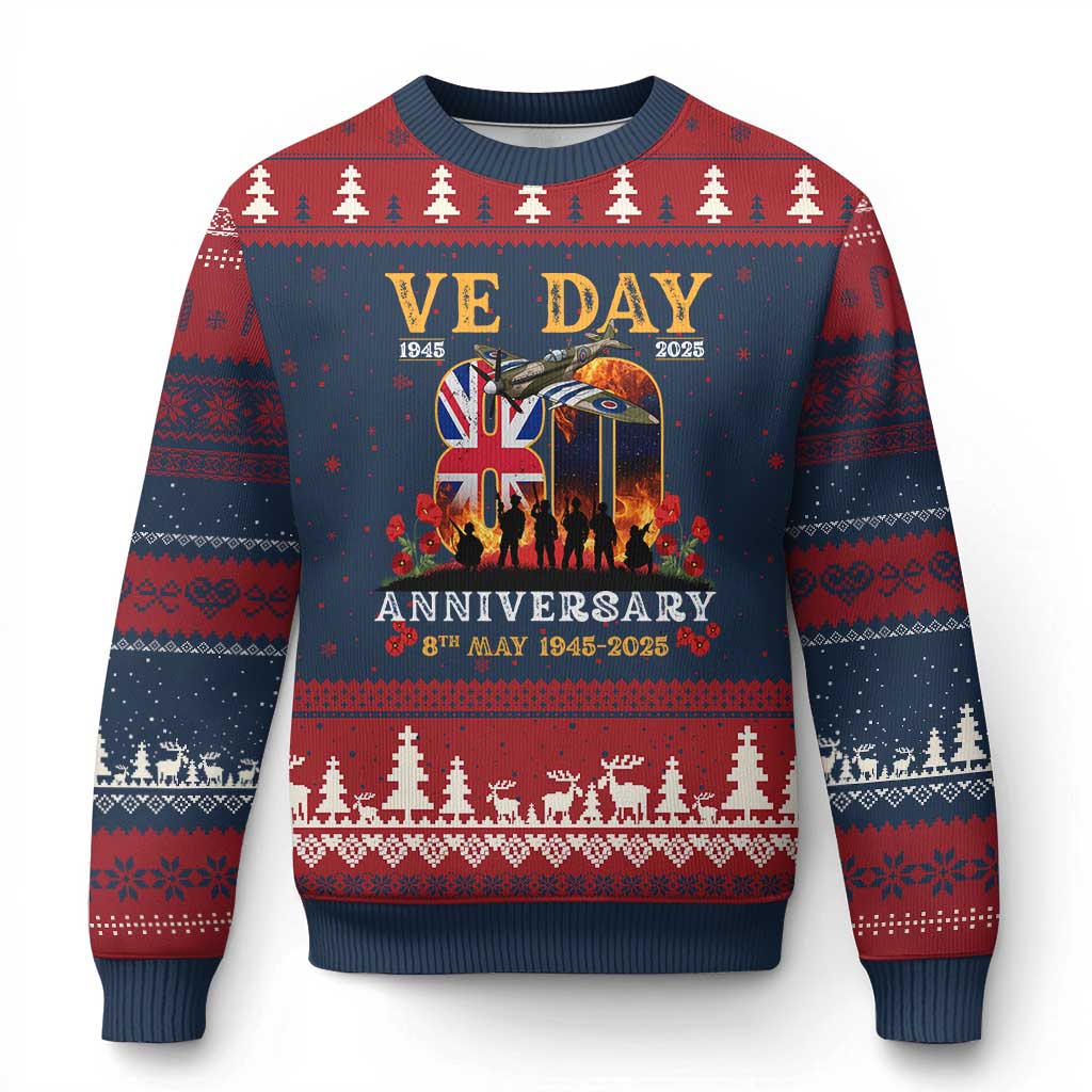 VE Day 80th Anniversary Ugly Christmas Sweater 2025 Celebration Union Flag WWII Remembrance TS02 Navy Red Print Your Wear