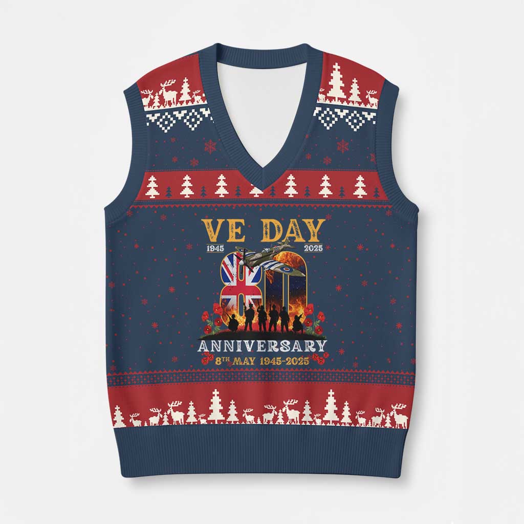 VE Day 80th Anniversary V-Neck Knit Sweater Vest 2025 Celebration Union Flag WWII Remembrance TS02 Navy Red Print Your Wear