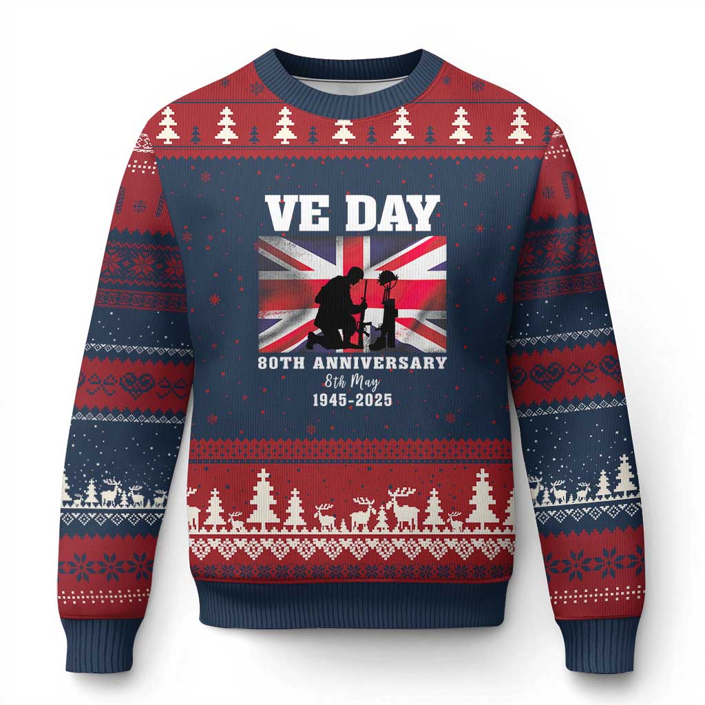 VE Day 80th Anniversary Ugly Christmas Sweater Victory in Europe Union Flag WWII Remembrance TS02 Navy Red Print Your Wear
