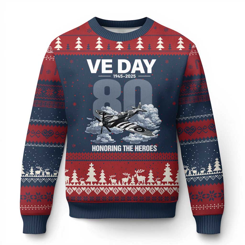 VE Day 80th Anniversary Ugly Christmas Sweater 2025 Celebration WWII Remembrance Retro TS02 Navy Red Print Your Wear