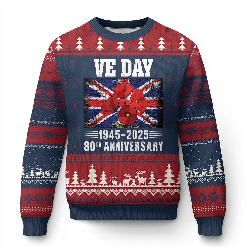 VE Day 80th Anniversary Ugly Christmas Sweater 2025 Celebration Union Flag Poppies WWII Remembrance TS02 Navy Red Print Your Wear