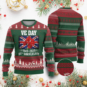 VE Day 80th Anniversary Ugly Christmas Sweater 2025 Celebration Union Flag Poppies WWII Remembrance TS02 Red Green Print Your Wear