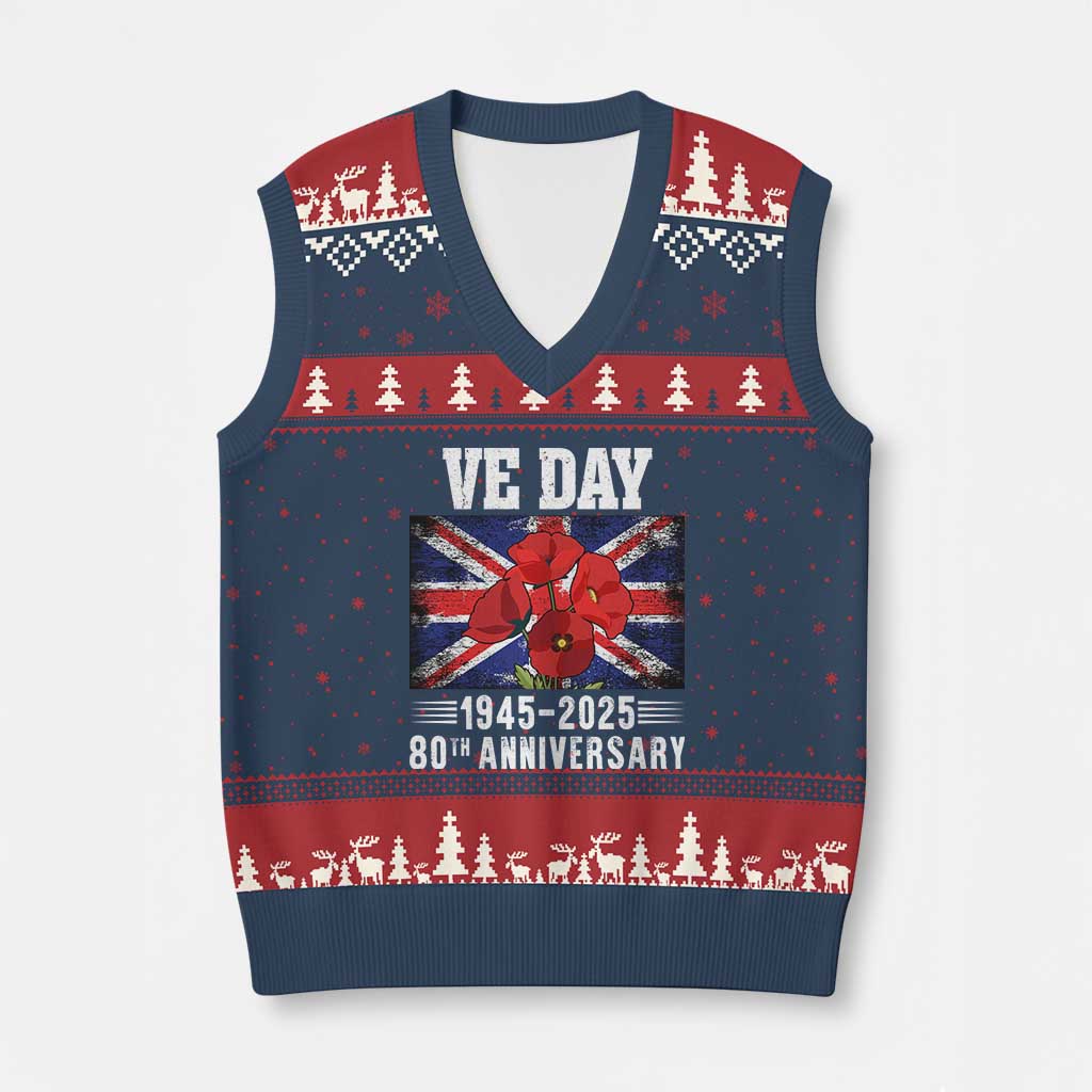 VE Day 80th Anniversary V-Neck Knit Sweater Vest 2025 Celebration Union Flag Poppies WWII Remembrance TS02 Navy Red Print Your Wear